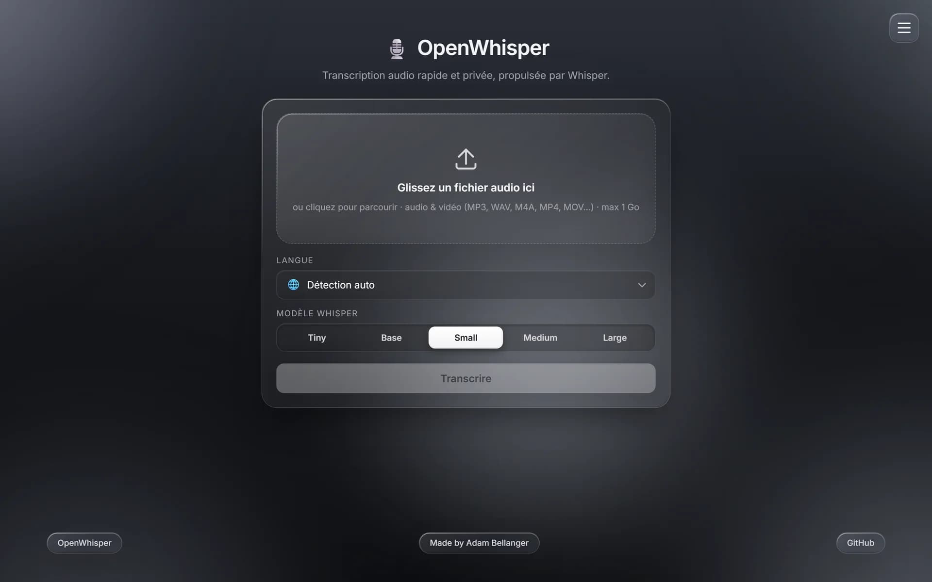 OpenWhisper home page: file upload, language and model selection