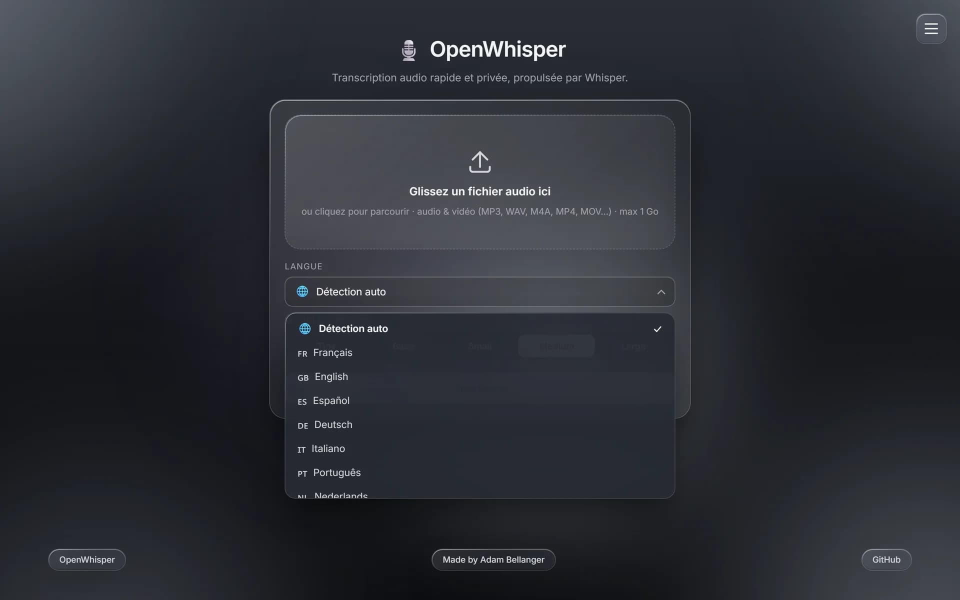 OpenWhisper language picker open