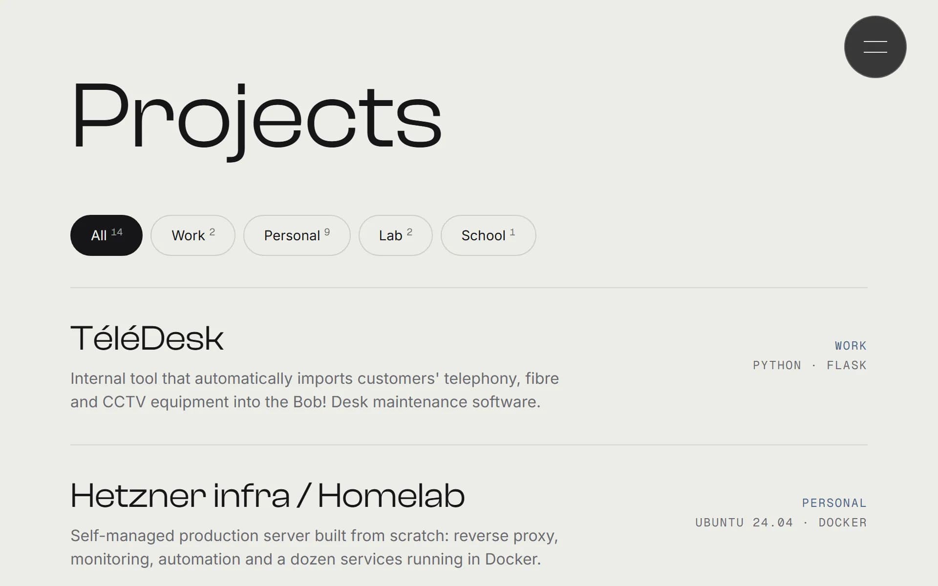 Project list in English, with filters