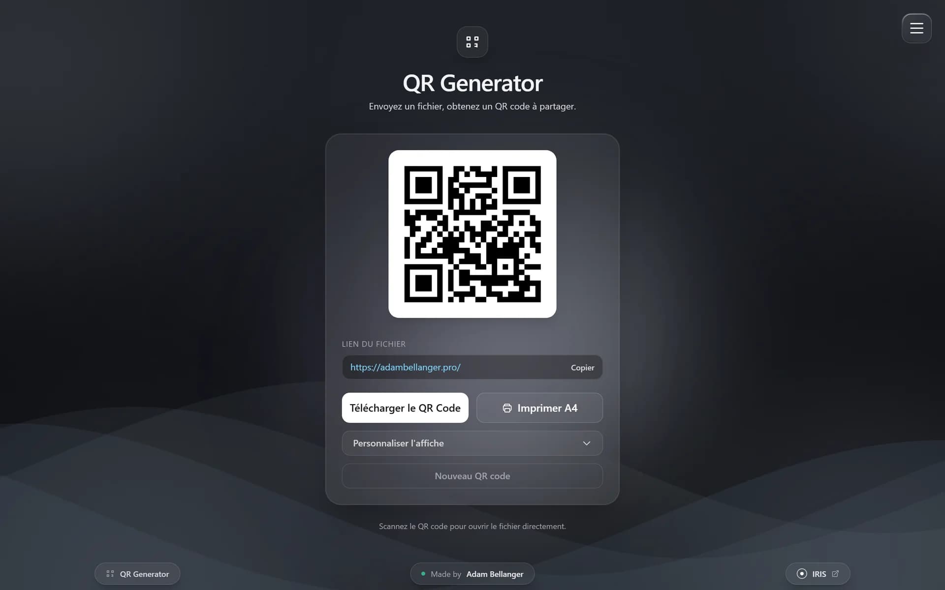 QR Drop: QR code generated for a URL, with download and A4 print